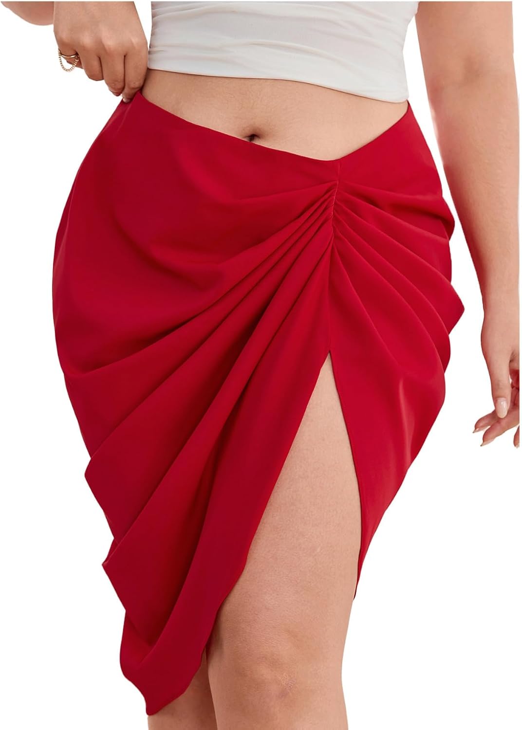 WDIRARA satin split-front ruched wrap midi skirt, photo 9 of 27